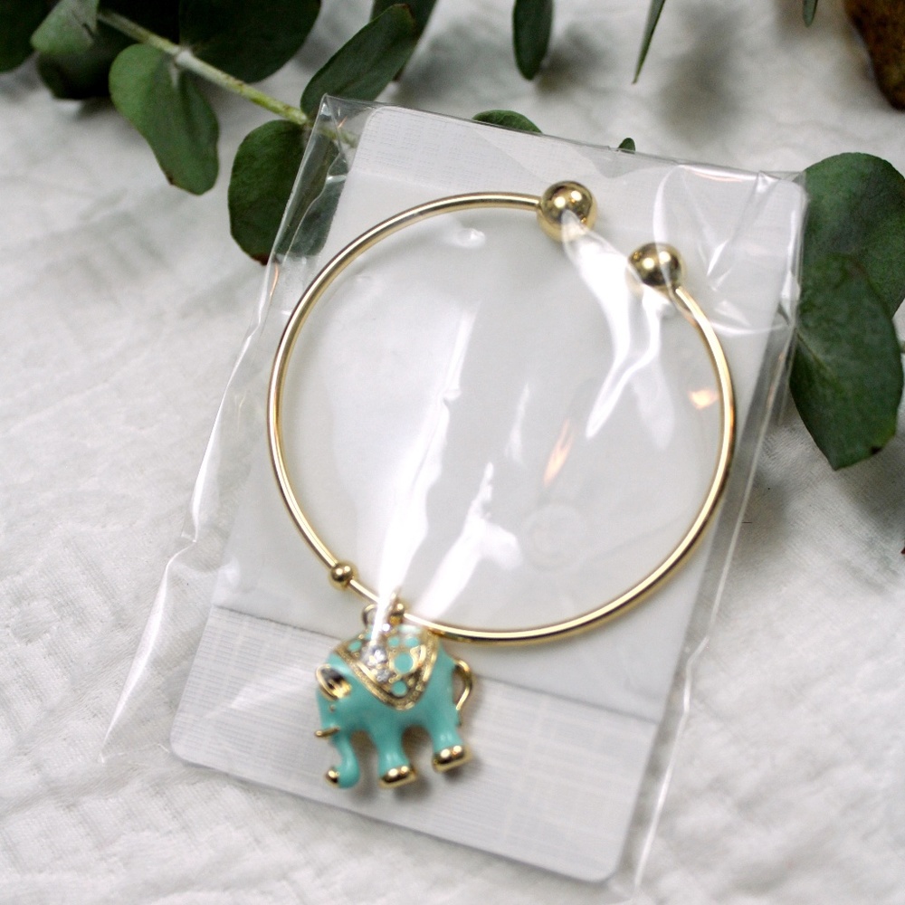 NEW! Gold & Aqua Elephant Charm Bangle